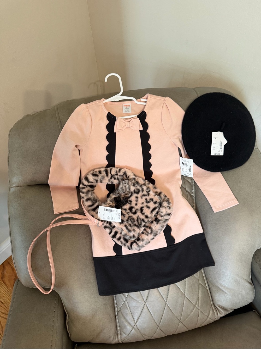 Gymboree Pink and Black Scallop Trim Dress with Faux Fur Heart Bag and Beret